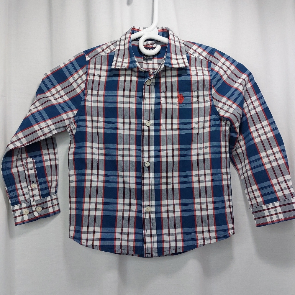 US Polo Assn Boys Long Sleeve Button Down Shirt Blue White Red Plaid Size 5T